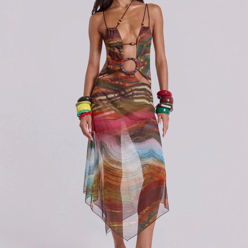 New NWT Jaded London Wooden Trim Midi Dress Kaia Style Sheer Size US 4